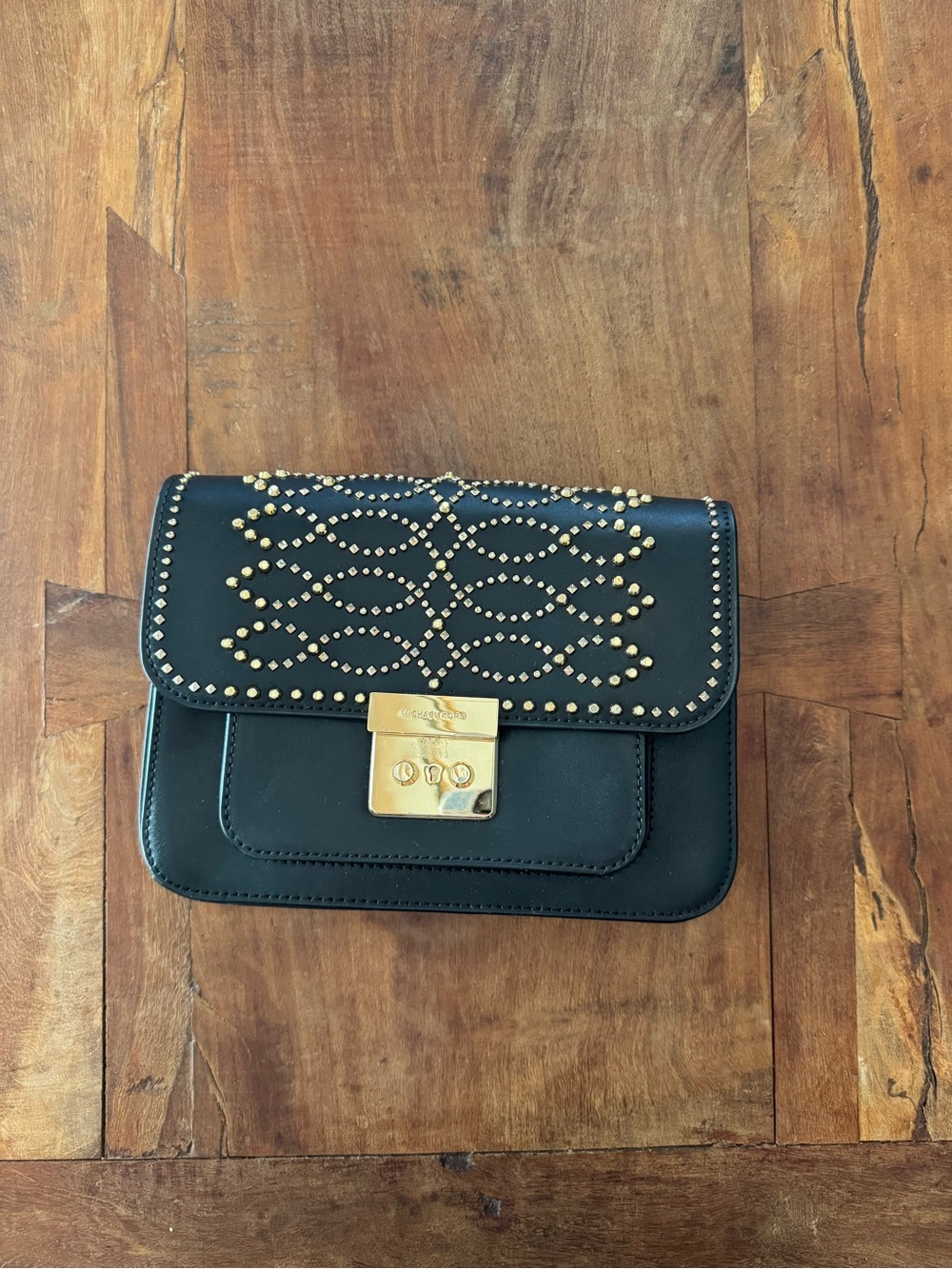 Black Studded Leather Crossbody Bag with Gold Lock